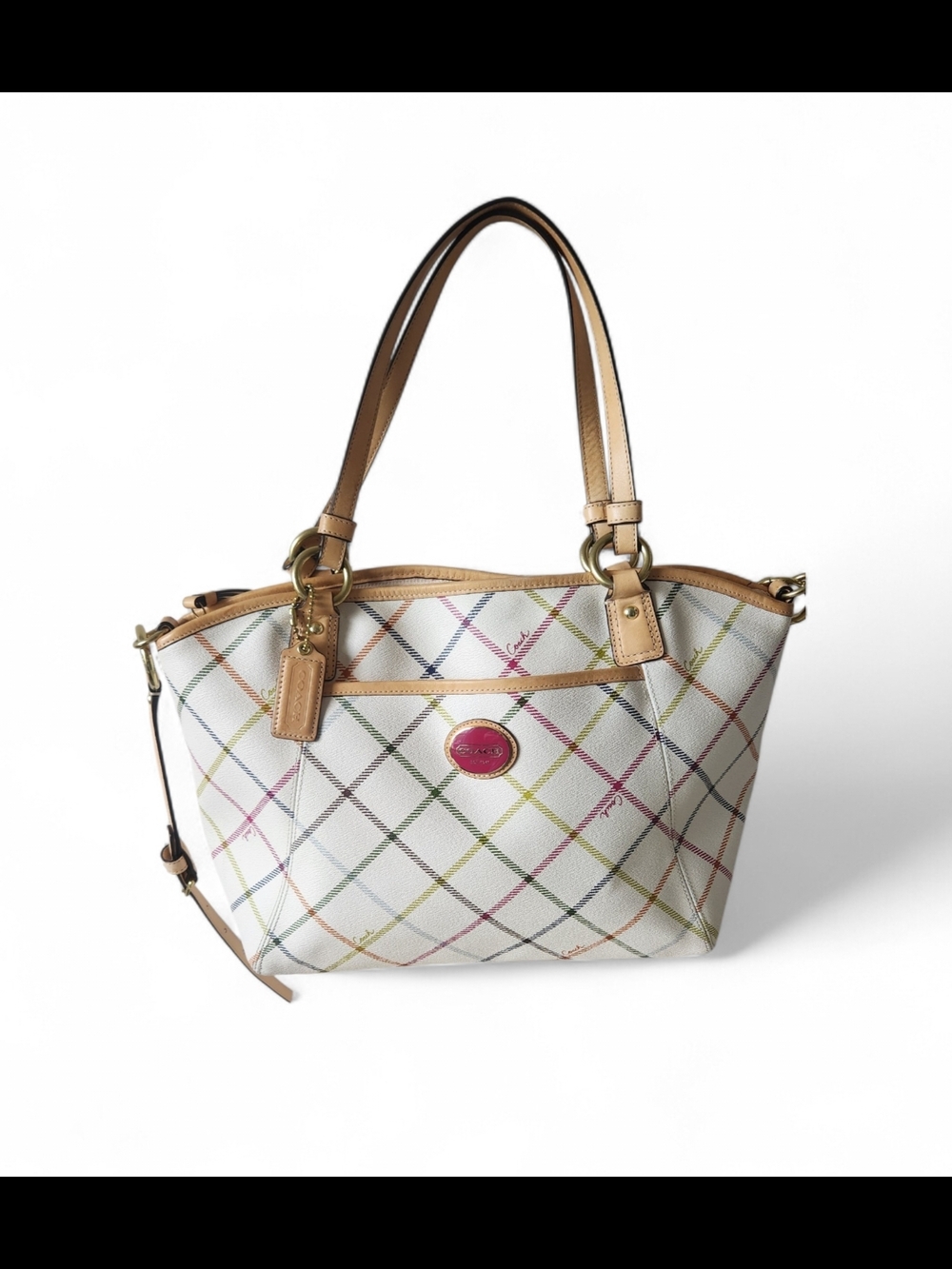Coach Peyton Tattersall Multicolor Plaid Canvas Crossbody Tote with Tan Trim
